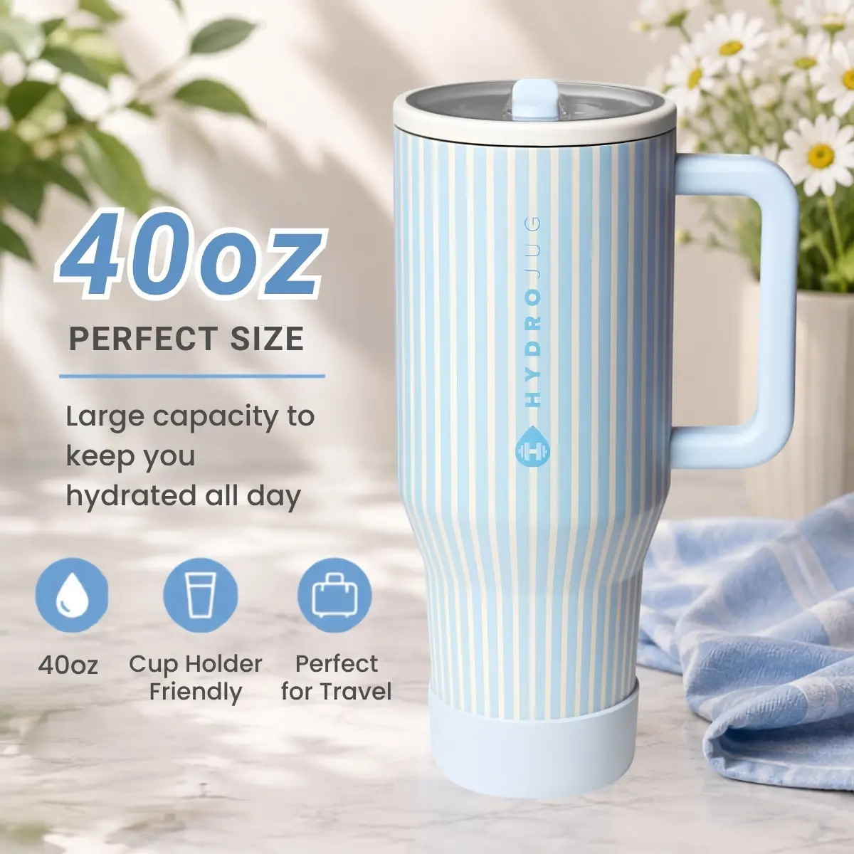HydroJug Traveler 40 oz Vacuum Insulated Tumbler, Leakproof Stainless Steel Water Bottle with Handle, Flip Straw & Cup Holder Friendly