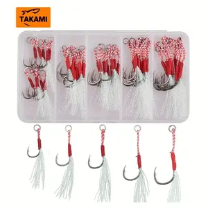 Takami 50pcs Slow Fishing Metal Hooks with Feathers, Sea Water Resistant Iron Plate Hooks, Enhanced Ise Ni Binding, Anti-Corrosion Fish Hooks, Fishing Gear Supplies