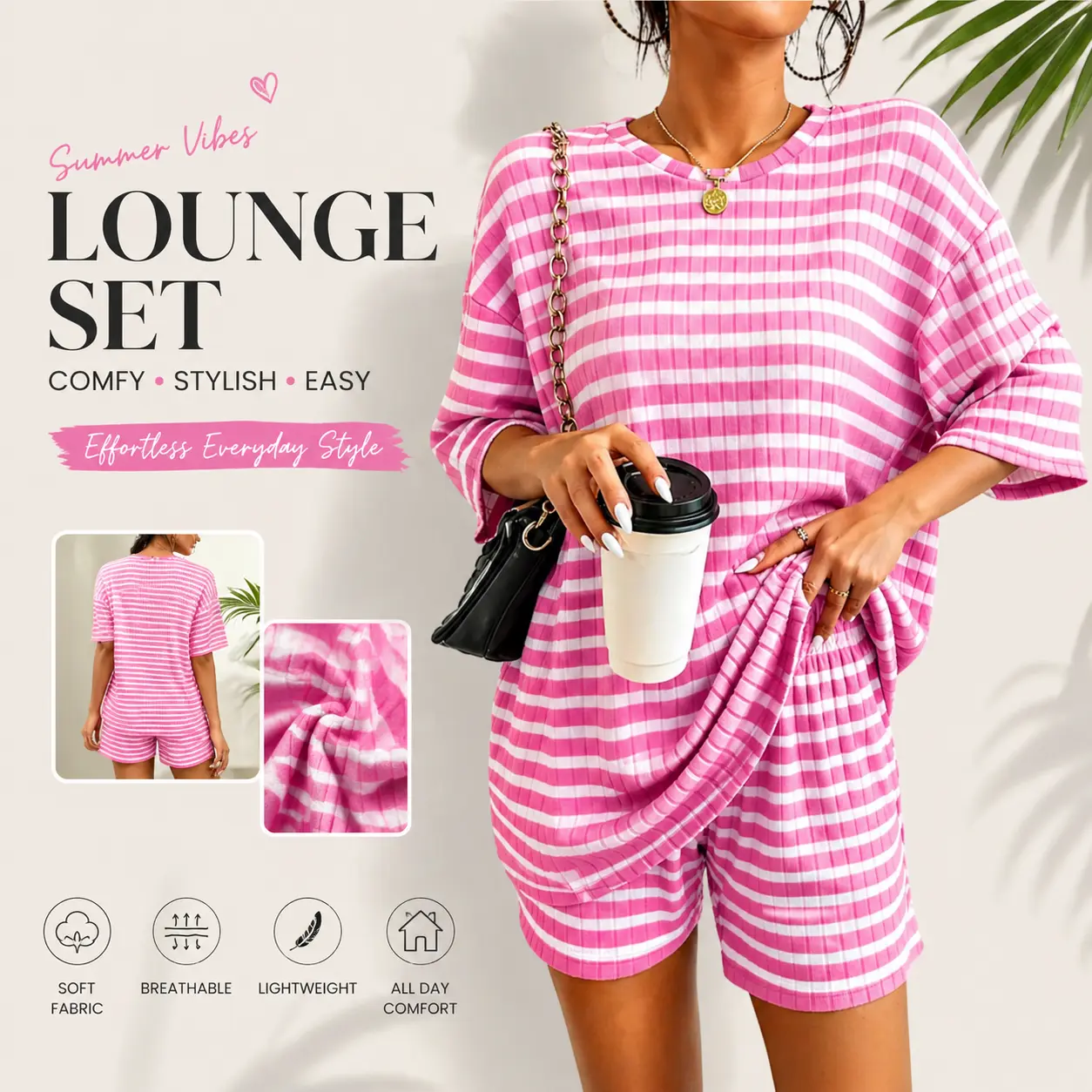 Striped Ribbed Lounge Set - Short Sleeve Top & Shorts Loungewear Set Women's Casual 2 Piece Loungewear Set - Comfy Striped Pajamas for Summer Nightwear Womenswear Homewear