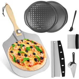 7-piece pizza peel and pan set, 12" × 14" pizza spatula, aluminum pizza paddle with rocker cutter scraper, pie server, oil brush, pizza oven accessories for baking pizza dough, bread, and pastry