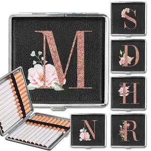 Cigarette Holder Case Spring Switch 20 Capacity Cigarette Holder Case Stylish Leather Surface Metal Box Smoking Accessories Metal & Leather Box for 84mm and 70mm Regular Size A-Z Rose Gold Letters Patterns