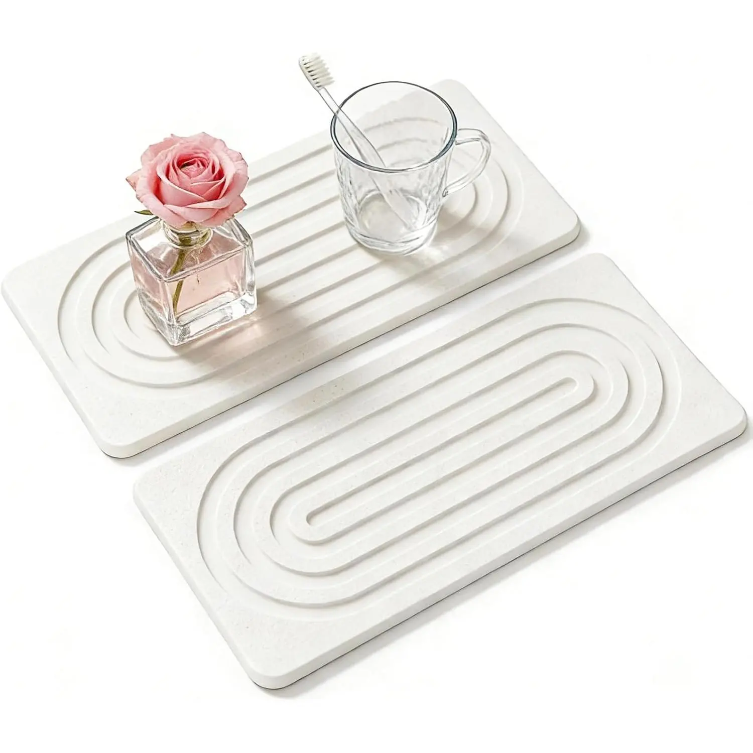 2 PCS Water Absorbing Diatomite Coasters, Stone Drying Mat for Kitchen Counter, Quick Dry Stone Mat Trays for Bathroom Kitchen Counter, Soap Dish Tray Used for Hand Soaps (White, 8.3" x 4")