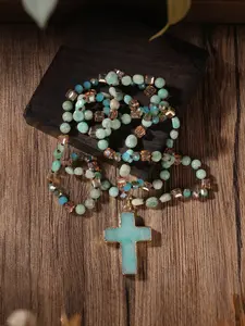 Natural Crystal Tian Stone Necklace Long Sweater Chain Cross Pendant Jewelry, Unique Crystals, Purify Energy, Enhance Self-Acceptance, Healing Accessory, Intuitively Chosen Crystals