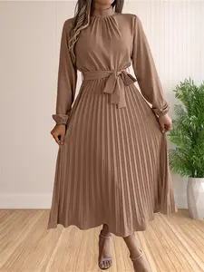 Women's Solid Belted Pleated A Line Dress, Elegant Bishop Sleeve Mock Neck Dress for Fall & Winter, Women's Clothing for Daily Wear, Casual Everyday Wear