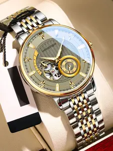 Top luxury men's business fashion fully automatic mechanical watch, hollowed out design, stainless steel strap, party fashion watch, daily clothing decoration, fashionable fully matched exquisite watch birthday gift box