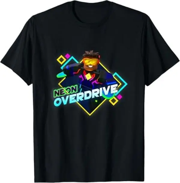 Roblox Black Neon Overdrive Classic Fit T-Shirt - Adult Crew Neck Short Sleeve Cotton and Polyester Menswear Top