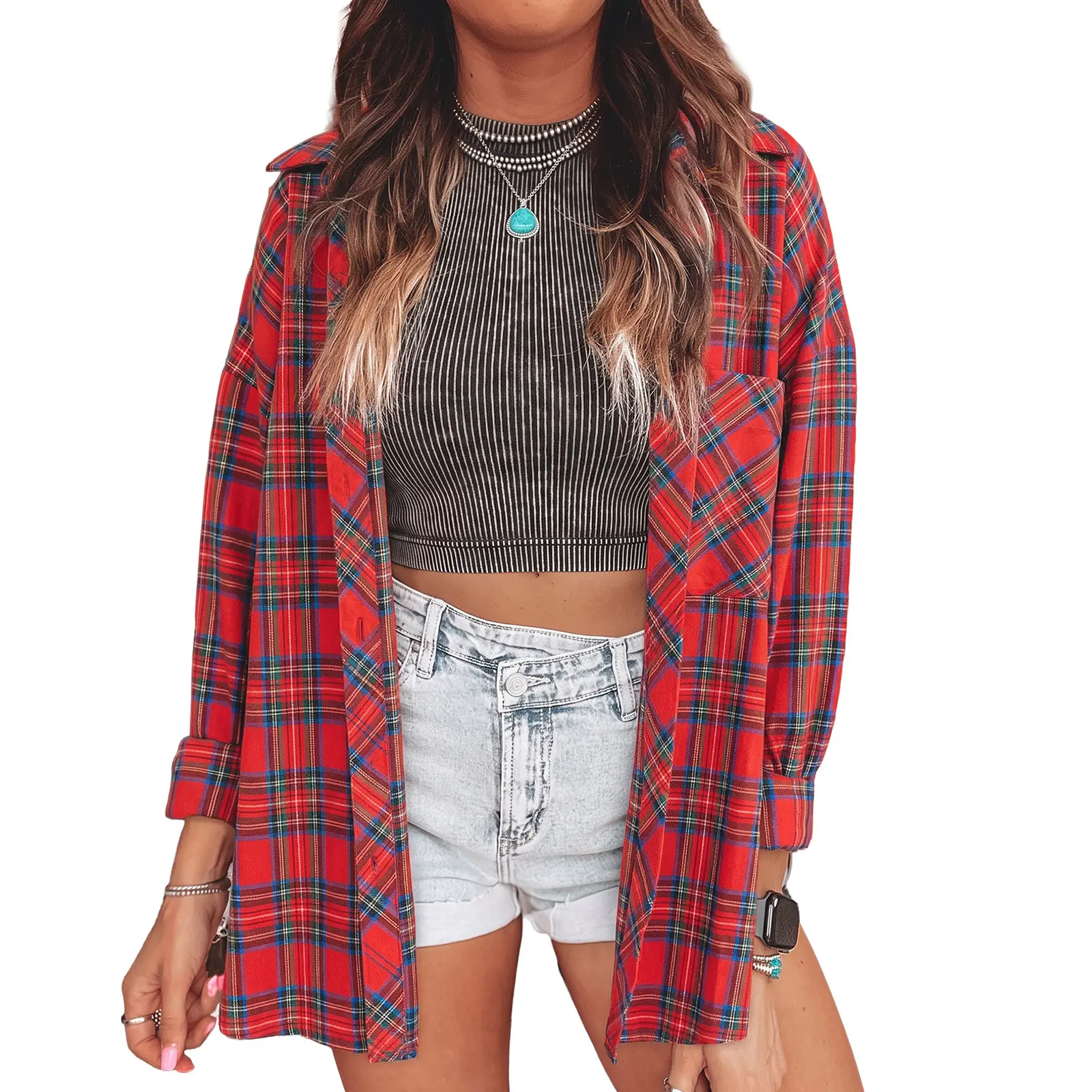 Asvivid 2026 Spring Fall Clothes For Women Casual Plaid Print Loose Vintage Button Up Shirt Cotton Long Sleeve Blouses Tops with Pockets Back To School Fashion Outfits Womenswear Streetwear