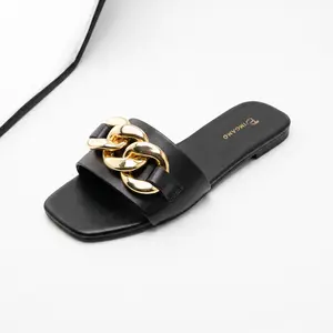 Dimgamo  Flat Sandals for Women, Dressy Slides with Metal Chain, Square Open Toe Single Band, Cushioned Footbed Summer Sandals, Sandals Women, Women Sandals