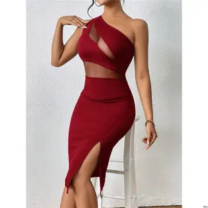 Thigh Split Mesh Shoulder Summer Firerie One Insert Bodycon Dress