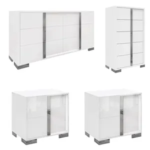 [Summergarden][Ships in Multiple Boxes] VanAcc 2/3/4 Piece Bedroom Dresser Set, Modern High Gloss UV Finish, 2 Nightstands, Chest of 5 Drawers & 6 Drawer Dresser, Electroplated Metal Handles, Bedroom Furniture Set