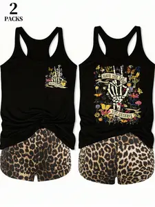 Gothic Skull Heart Graphic Tank Top & Leopard Shorts Set, Casual Loose Fit, Adjustable Drawstring Waist, Comfortable Fashion