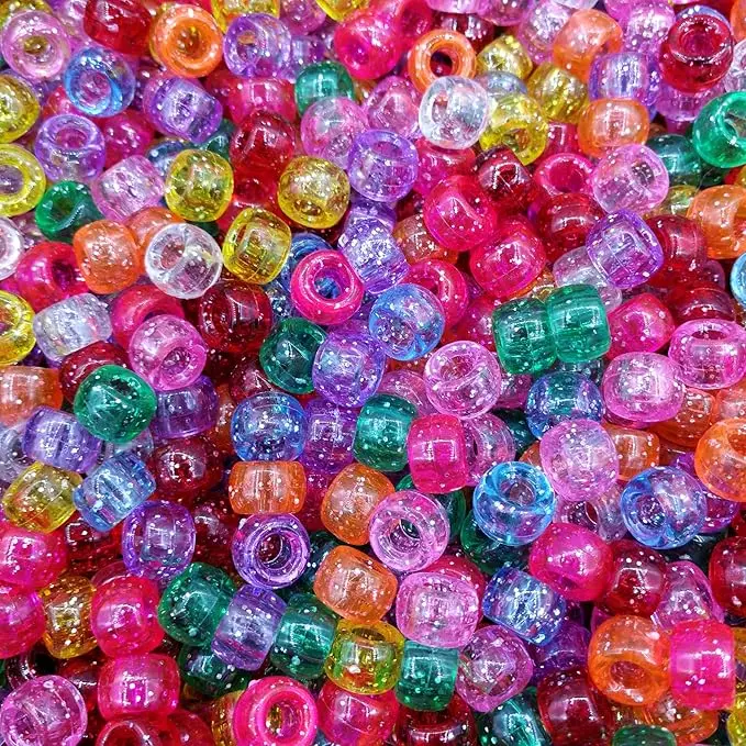 500 Pieces Glitter Pony Beads 6x9mm Mixed Colors Transparent Plastic for Hair Braids Jewelry Making