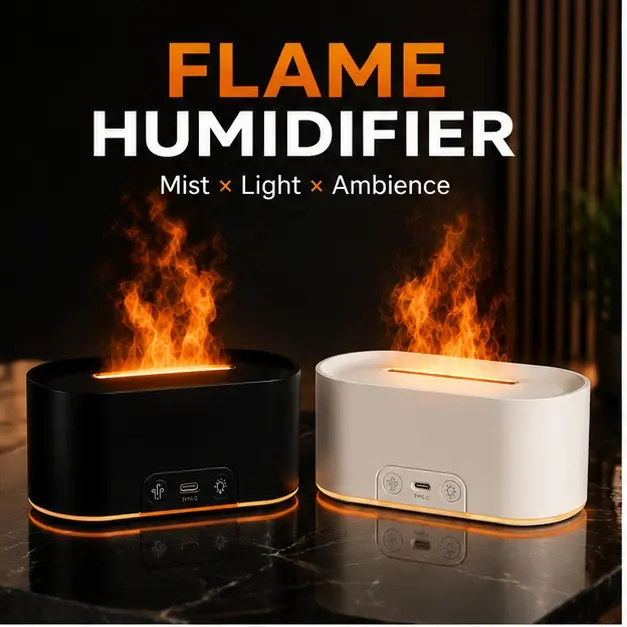 Flame Effect Humidifier with RGB Ambient Light, Type-C Powered Desktop Mist Humidifier, Compact Flame-Like Mist Lamp for Bedroom, Office & Home