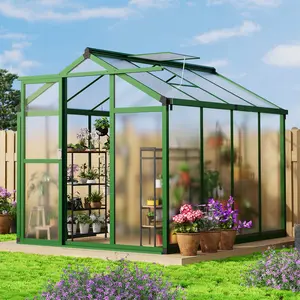 Walk-in Polycarbonate Greenhouse for Outdoors, Heavy Duty Aluminum Greenhouse with UV Protected Panels, Roof Vent, Lockable Door, Ground Nails and Drainage System, Easy Assembly Garden Green House in Multiple Sizes