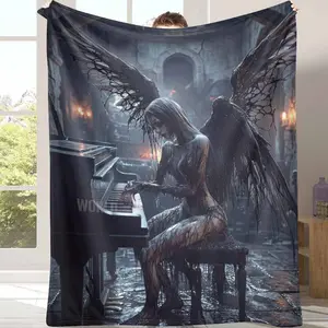 Gothic Dark Angel Flannel Blanket， Fantasy Fallen Angel Piano Art Print， Soft Cozy Warm Plush Throw， Perfect for Bedroom Decor， Living Room Ambience， Halloween Gift， Romantic Night Atmosphere， Artistic Home Accent