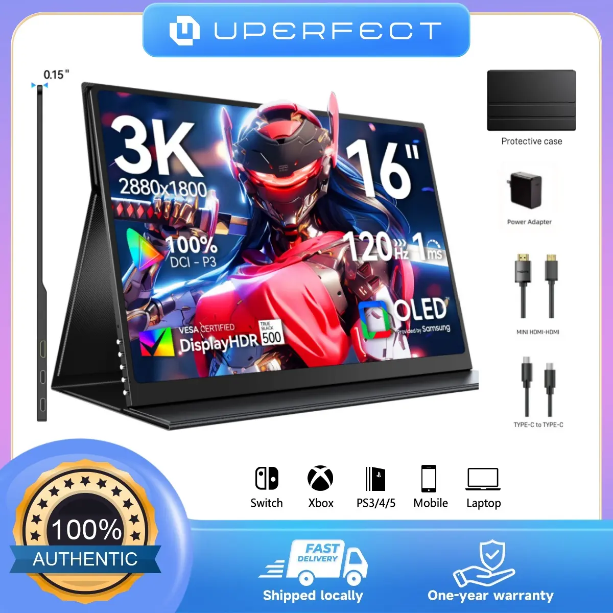 UPERFECT GR16HQ 16 in OLED Portable Gaming Monitor, 3K 120Hz 1ms HDR Display, 1-Cable Connection, Mirror Screen, Portable Computer Monitor for Laptop, PC, Mac (Gaming, Work Use)