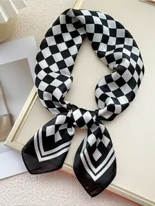 1pc 27.5"*27.5" Black & White Chessboard Pattern Faux Silk Bandana Small Square Scarf, Classic & Versatile For Women, Suitable For Daily Decoration, Street & Business Wear, Casual Soft Shawl