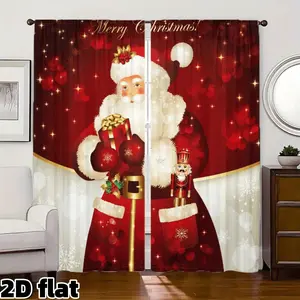 2D Flat 2Pcs Christmas Santa Festive Curtain Panel, Red Gold Theme, Nutcracker Print, Semi Sunshade Rod Pocket Design, Suitable for Living Room Bedroom Balcony Kitchen Window Decor, Home Decoration Curtain, Holiday Gift, Holiday Season Choice, Privacy