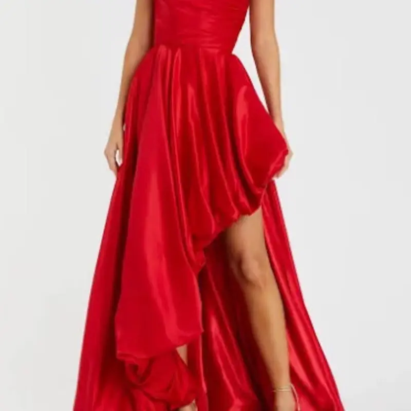 asymmetrical strapless ruched maxi dress mac duggal Purple Strapless Ruched High Low Gown