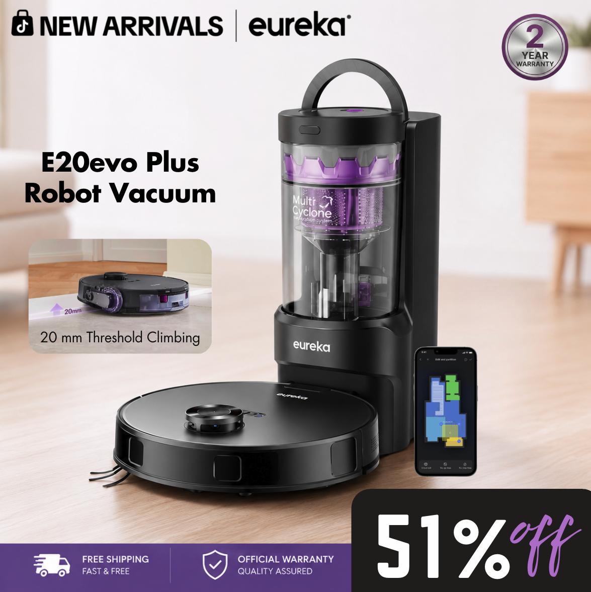 Eureka E20 Evo Plus Robot Vacuum and Mop Combo, 10,000Pa Suction Robot Vacuum Cleaner Bagless Self-Emptying Station, 45-Day Capacity Anti-Hair-Tangling Side Brush Mop Lifting App Control LiDAR Nav, DealsForYouDays Extreme Runtime, DealsForYouDays