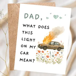 Dad Car Light Joke Card, Funny Father’s Day Gift, Sarcastic Birthday Card for Father, Humorous Car Problem Greeting Card, Premium Card with Envelope