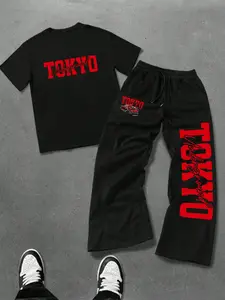 Men's Fashion Casual Loose Two-Piece Set Outfit, Tokyo Racing Graphic Print Round Neck Short Sleeve T-Shirt and Drawstring Straight Leg Pants