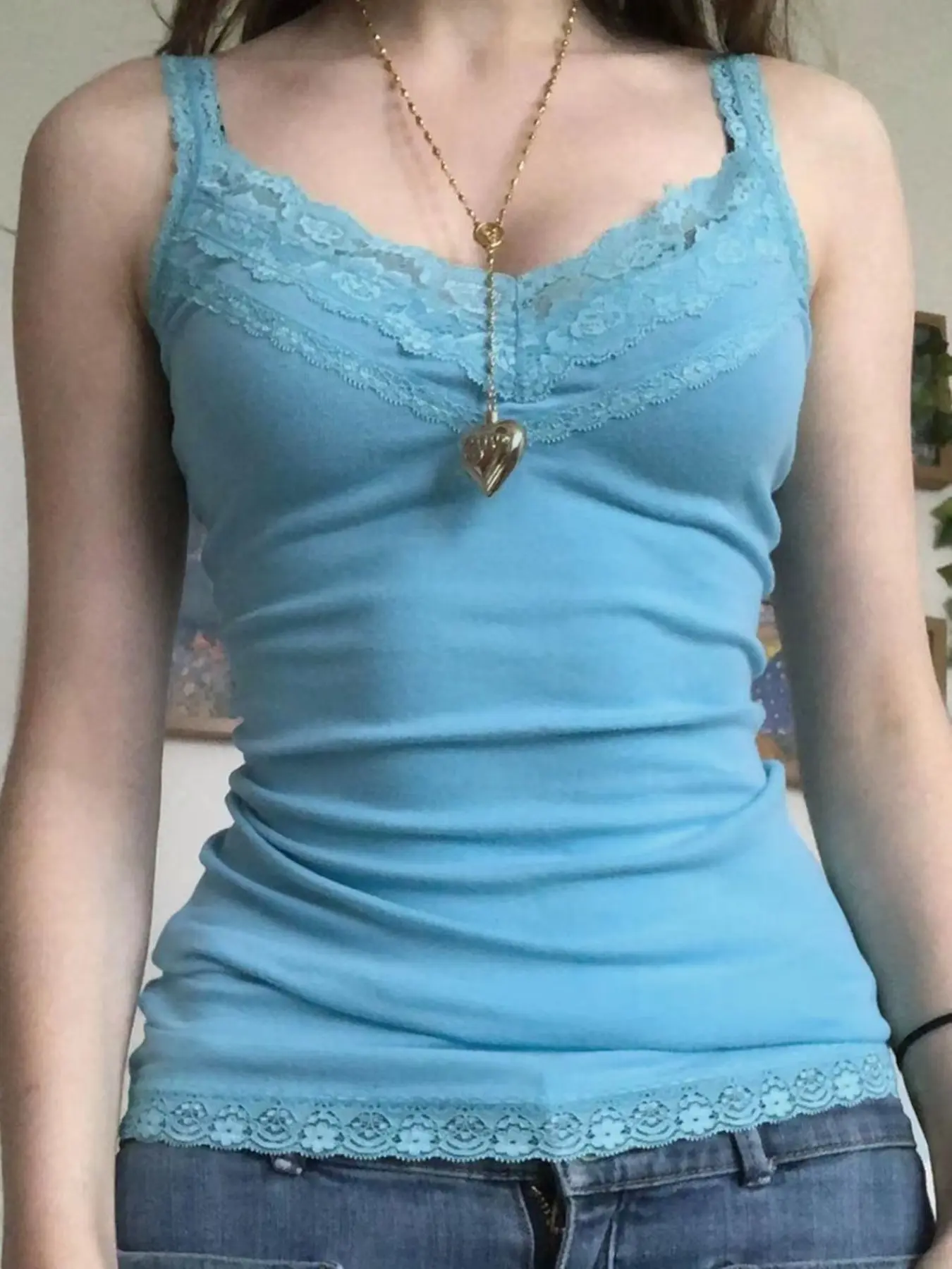 Pure Color Lace Trim Halter Top, V Neck, Lace Straps, Gentle Girl Feminine Outerwear Inner Layering Base Shirt