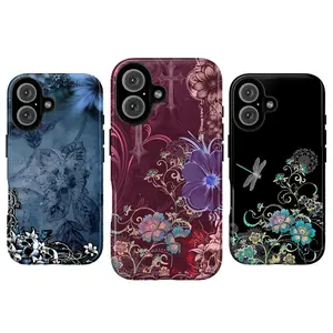 Whimsical Grunge Floral Phone Case, Moody Blue & Burgundy Aesthetic Phone Cover for iPhone 17 16 15 14 13 12 11 Pro Max X XR XS 8 7 Plus SE & Galaxy S25 S24 S23 S22 Plus Ultra, Botanical Skull & Cross Phone Cover, Dark Garden Gothic Vibe