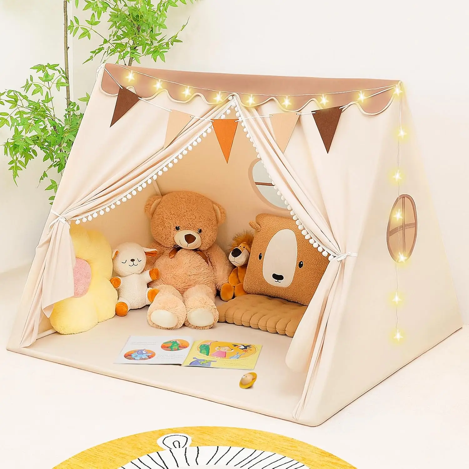 Kids Play Tent Indoor with Star Lights & Flags – Large Playhouse for Girls & Boys Ages 3-8, Foldable Kids Tent for Bedroom & Playroom, Perfect Christmas Gift for Kids