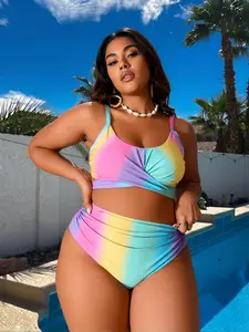Women's Plus Size Rainbow Gradient Color 2-Piece Bikini Set - Knotted Front, High Waist Ruched Bottom, Y2K Tummy Control Summer Swimwear for Beach Vacations, Pool Parties