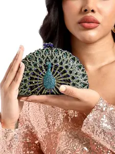 Women Glitter Peacock Crystal Evening Bag Chic Rhinestone Clutch Purse Animal Pattern Handbag for Cocktail Party