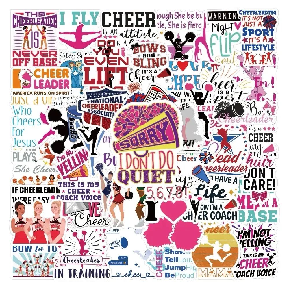 50 Pack of Cheerleading Stickers and Decals - Waterproof, Removable and Fade Resistant - No Duplicates