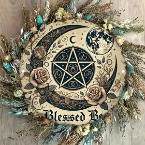 1pc- Moon, Pentagram, Roses Round Aluminum Sign - 8x8 Inch Metal Tin Wall Art for Home, Living Room, Garden - Pre-chiselled for Easy Hanging - Perfect for Christmas, Easter, St. Patrick's Day, Valentine's Day Decorations