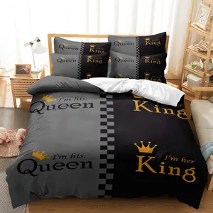 3pcs King And Queen Couple Print Duvet Cover Set, Black Grey Romantic Bedroom Decor For Couples, For Bedroom and Guest Room - Includes 1 Duvet Cover and 2 Pillowcases (Core Not Included)