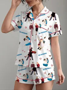 Women's Casual Fitted Sleepwear Set, Soft Short Sleeve Shirt & Elastic Shorts, All-Season Comfortable Home Wear, Perfect for Parties