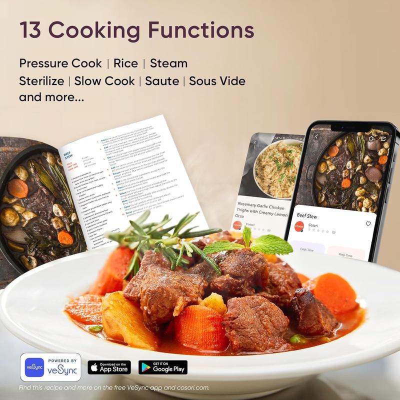 COSORI Pressure Cooker 6QT, Stainless Steel, 9-in-1 Multi Cooker, 12 Safety Features, Ceramic Inner Pot, Rice, Slow Cook, Sous Vide, Saute, 1100W