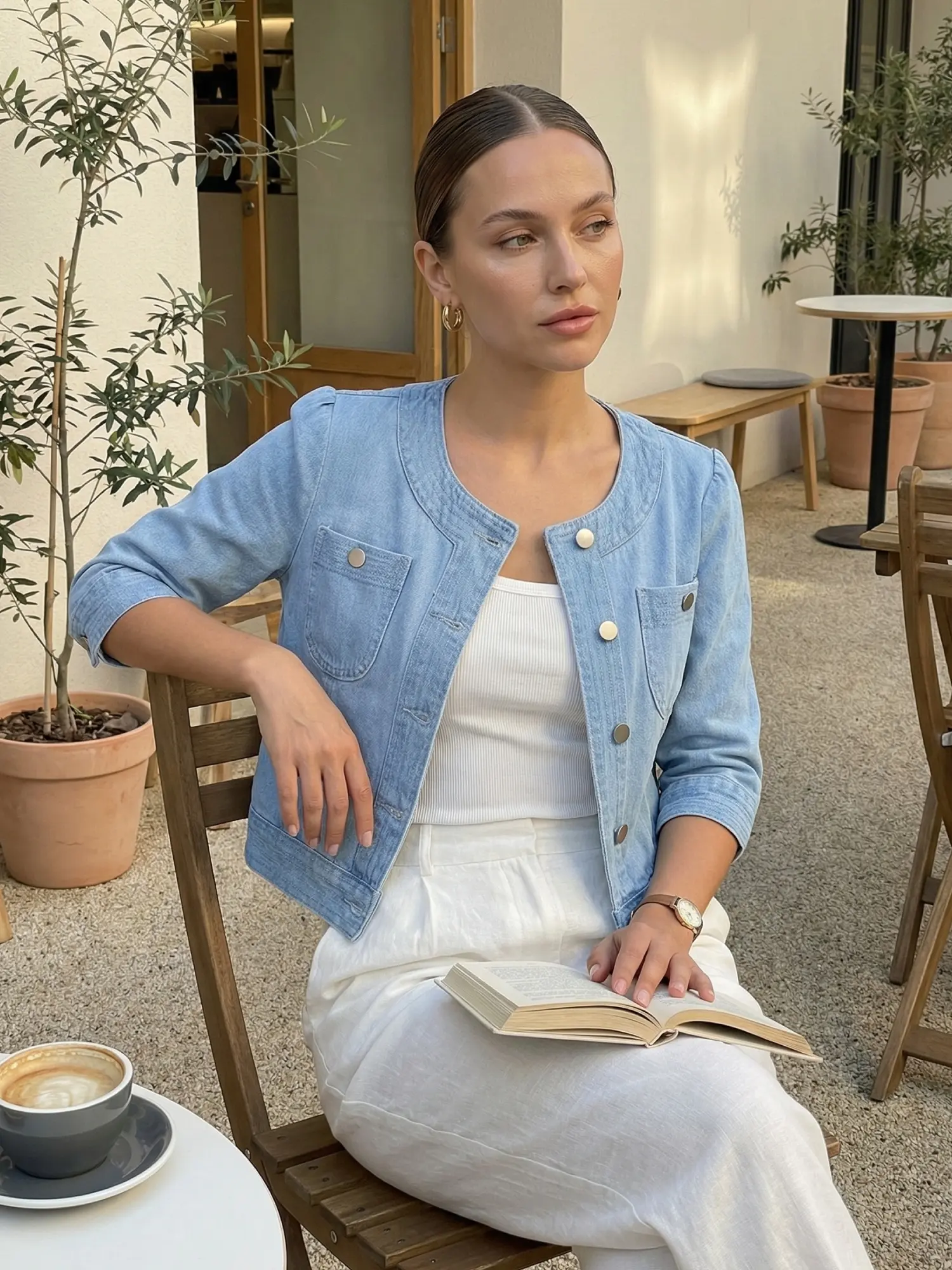 INSPIRE CHIC Women's Summer Denim Jacket 3/4 Sleeve Collarless Button Up Cropped Jean Jackets