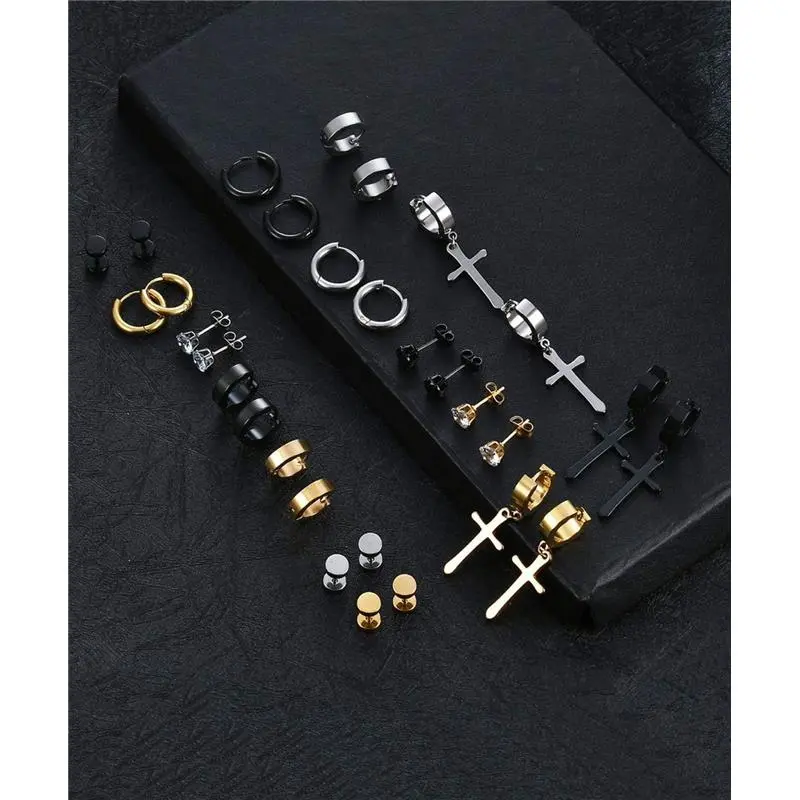 15 Pairs Stainless Steel Cross Dangle Hinged Earrings Hoop Earrings  Set for Men Women