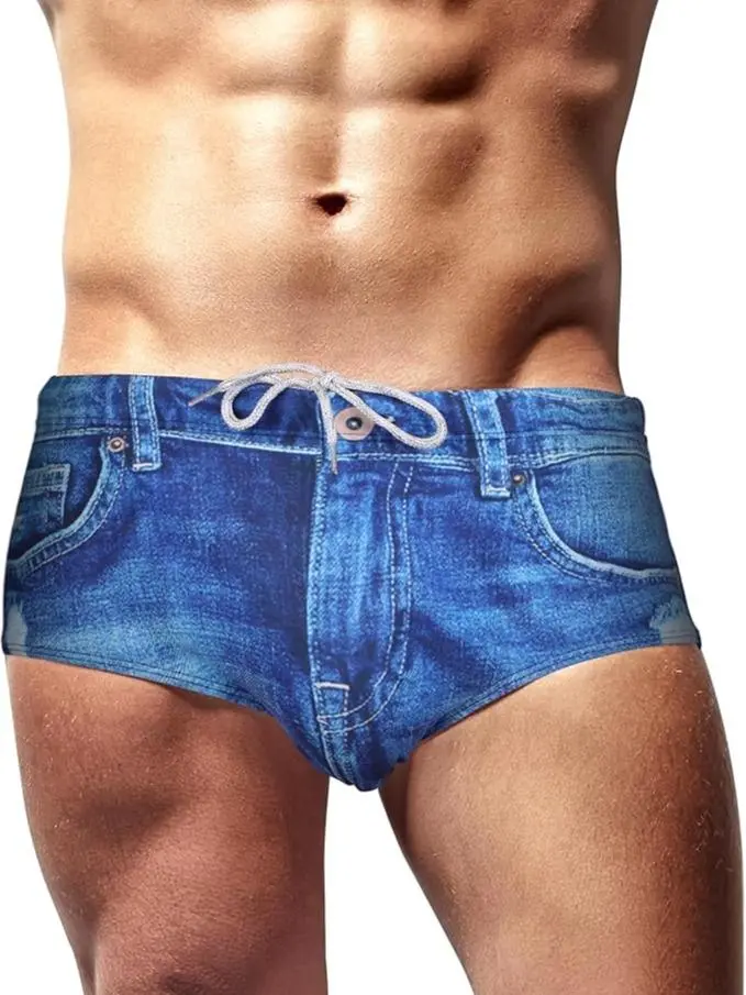 Jeados Mens Denim Print Swim Brief Dong Sarong Quick-Dry Stretch Bikini Swim Trunks for Beach Pool Summer Swimwear Swim Shorts Swimmingshorts