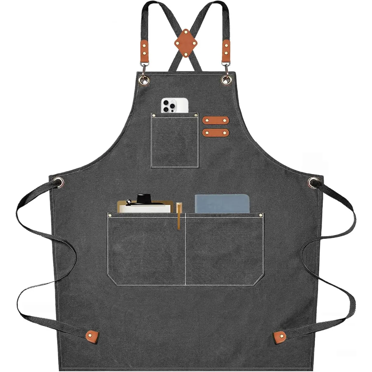 Chef Aprons for Men Women with Large Pockets, Cotton Canvas Cross Back Heavy Duty Adjustable Work Apron, Size M to XXL(Grey)