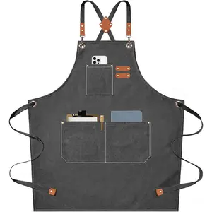 Chef Aprons for Men Women with Large Pockets, Cotton Canvas Cross Back Heavy Duty Adjustable Work Apron, Size M to XXL(Grey)