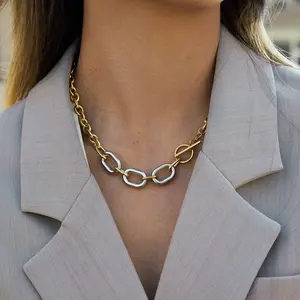 Emma's Heart | Two-Tone Link Chain Necklace - 18K Gold Plated Titanium Steel, Mixed Metal Waterproof Jewelry