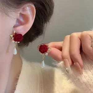 Elegant burgundy rose and faux pearl drop earrings DDES0332 vintage style jewelry 14KGold-Plated