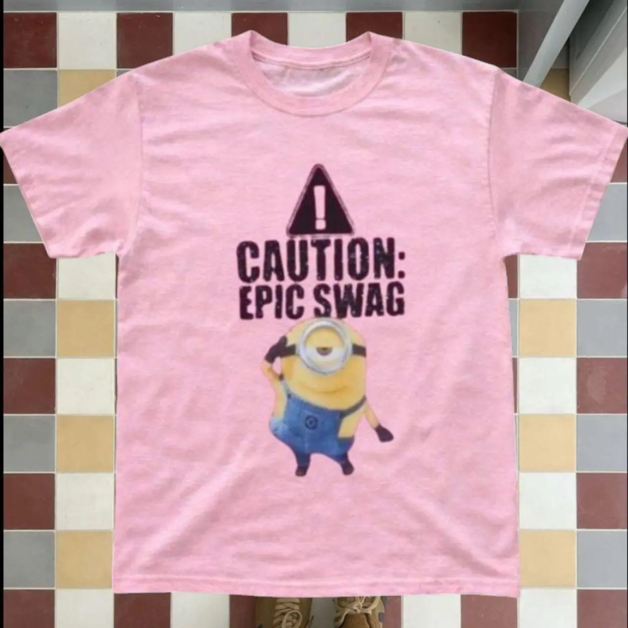 Minion Caution Epic Swag Graphic T-Shirt - Vintage Pink Graphic Tee, Funny Meme Despicable Me Y2K Streetwear Unisex Top