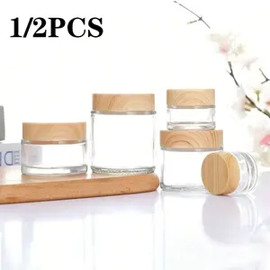 Multi-Size Transparent Cream Wood Grain Lid Cosmetic Bottle, Portable Small Packaging Glass Jar, Face Cream Eye Cream Container