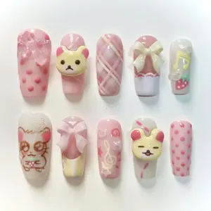 AngieNails - Unique Coffin Set | Handmade 3D Miffy | Strawberry Press On | Cute | Valentine | Pink | Summer | Cartoon Nails - AN16