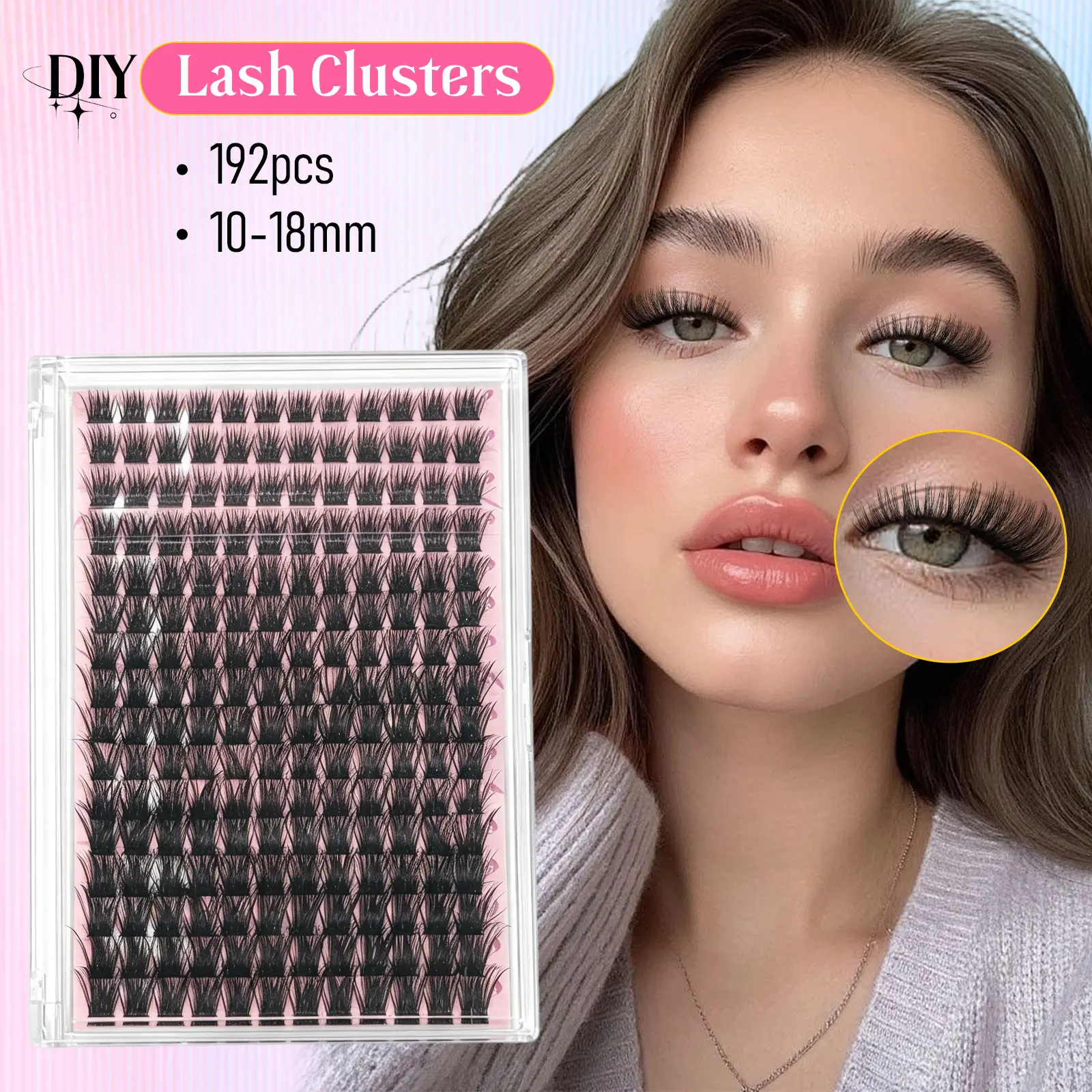192PCS DIY Lash Extension Clusters Kit for Beginners, 10-18MM Wispy D-Curl Clusters with Ultra-Thin Soft Band, Waterproof 2-in-1 Glue & Seal, Remover, Tweezers for At-Home Makeup Application Gift