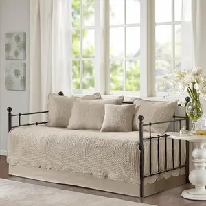 Damask Quilted Daybed Cover Set, All Season Pre-Washed Cotton-Filled Coastal Bedding with Scallop Edge, Shams, Bedskirt, Decor Pillows, Tuscany Khaki 6 Piece