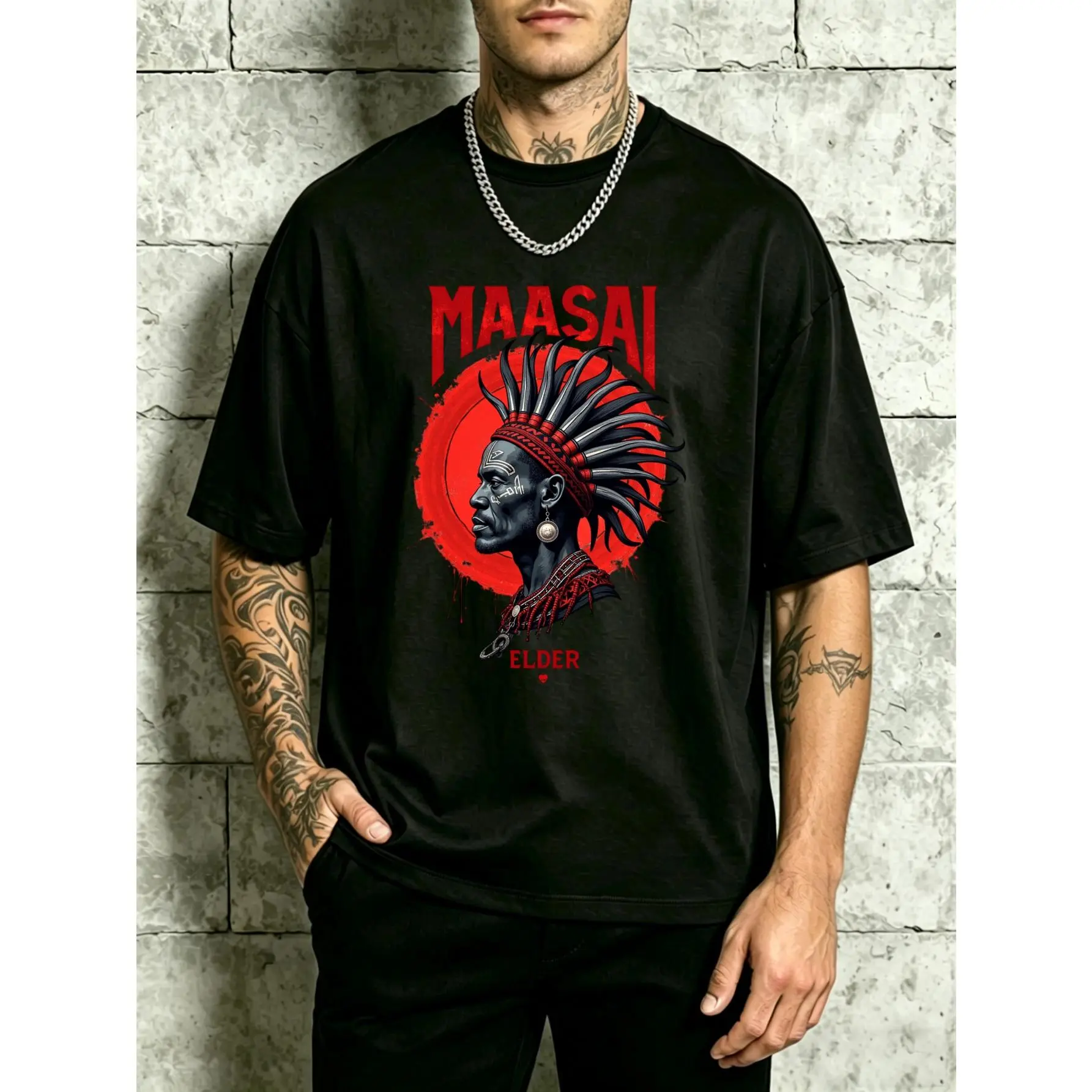 Men's Heavyweight 220g Cotton Graphic T-Shirt - Maasai Tribal Art Print, Loose-Fitting Relaxed, Casual Round Short Sleeve, S-5XL, Black Menswear Top
