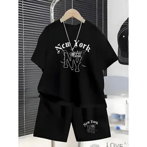 Boys' Trendy Urban Style "New York NY" Letter Print Casual 2pcs Set: "Vintage Street Style + White T-Shirt with Black Printed New York NY Theme + Matching Series Exquisite Logo Black Shorts Set" - A  and Comfortable Two-Piece Set for Daily Outings